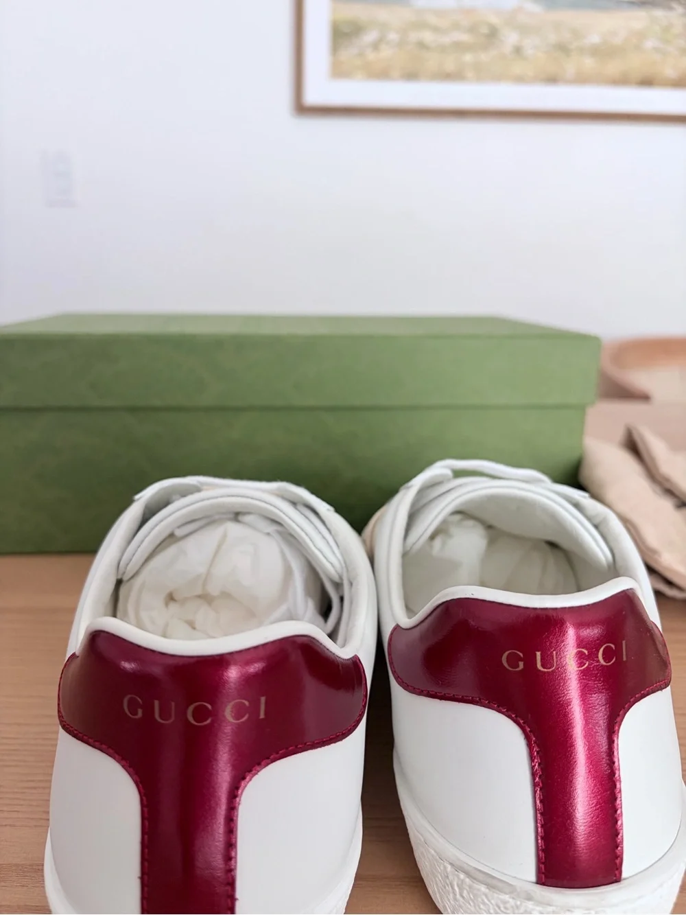 Gucci White Leather Sneakers with Beige Logo Strap